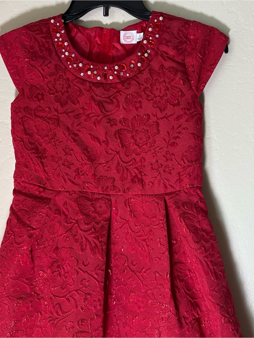 Girls Red Embroidered Party Dress with Jewel Collar
